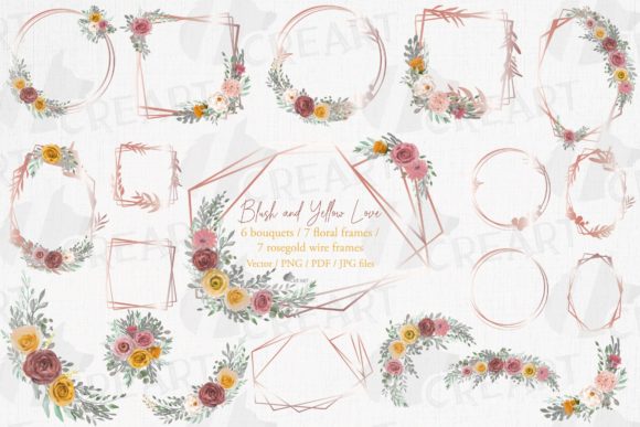 Blush and Yellow Roses & Rosegold Frames: A Versatile Floral Design Collection for Every Creative Project